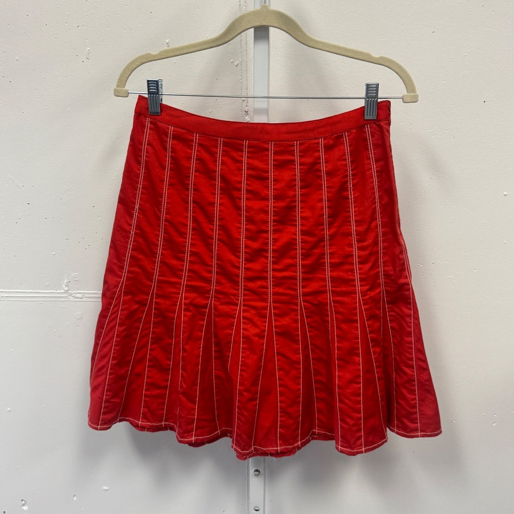 Y2K City DKNY Red Cotton Contrast Stitch Pleated Mini Skirt Petite 6P Summer
